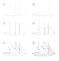 Creation step by step pencil drawing. Page shows how to learn draw sketch of imaginary three-masted sailing ship. Royalty Free Stock Photo