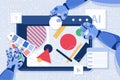 Creation of visual content with AI, robot arms create content with geometric shapes