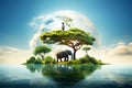 Creation world concept. World building, conspiracy theory. Elephant and boy standing on planet Earth. Nature background