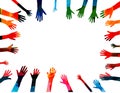 Colorful human hands raised isolated vector illustration. Charity and help, volunteerism, community support and social care concep