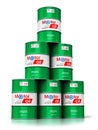 Stack of barrels with motor oil lubricant isolated on white back