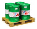 Group of barrels with motor oil lubricant on shipping pallet iso
