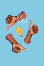 Creative abstract collage of human hands showing like symbol around idea light bulb Royalty Free Stock Photo