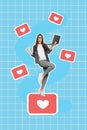 Creative abstract collage template graphics image of lacky lady getting instagram twitter facebook likes isolated Royalty Free Stock Photo