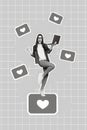 Creative abstract collage template graphics image of lacky lady getting instagram twitter facebook likes isolated Royalty Free Stock Photo