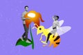 Creative abstract collage template graphics image of lady flying bee man holding flower isolated drawing background Royalty Free Stock Photo