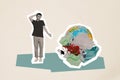 Creative abstract collage young man thinking about large amount of garbage on planet save Earth pollution environmet Royalty Free Stock Photo