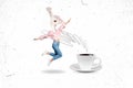 Creative abstract composite photo collage of headless girl with bird head jump to morning cup of coffee  painted Royalty Free Stock Photo
