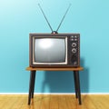 Old retro TV against blue vintage wall in the room Royalty Free Stock Photo