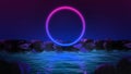 Creative abstract design for wallpaper, background, banner. Neon pink blue circle rising over water, lake around stones Royalty Free Stock Photo