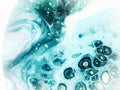 Liquid acrylic painting, babbles, wave, foam, sea, water, underwater. Blue, turquoise, white wallpaper, background Royalty Free Stock Photo