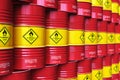 Group of rows of red stacked oil drums in storage warehouse Royalty Free Stock Photo