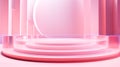 Creative abstract podium, empty round stage made of pink transparent material, pink background, Minimalism