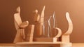 Creative abstract podium from wooden figures and glass, against a brown background with hard light Royalty Free Stock Photo