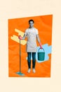 Creative abstract template collage of cleaning service worker hold mop bucket cleaner apron gloves unusual fantasy