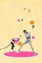 Creative abstract template collage of dancing young girl have fun mouth sing microphone karaoke weird freak bizarre