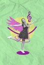 Creative abstract template collage of excited smiling female flying air bird angel flight air dancing have fun disco