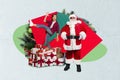 Creative abstract template collage of funny cool santa claus sunglass little boy energetic happy christmas presents Royalty Free Stock Photo