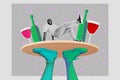 Creative abstract template collage of funny funky dancing hip hop man waiter tray alcohol have fun wine drunk friday