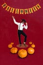 Creative abstract template collage of funny funky dancing mexican muerto character halloween party decorations pumpkins
