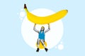 Creative abstract template collage of funny funky guy sportsman sportswear lift carry banana fruit healthcare muscles