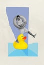 Creative abstract template collage of funny funky impressed young man floating rubber yellow duck hold lifebuoy swimming