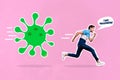 Creative abstract template collage of funny funky man running away escape chasing virus vaccinated safe avoid disease Royalty Free Stock Photo