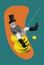 Creative abstract template collage of funny funky old man top hat gentleman fisherman catching golden coins money rich