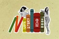 Creative abstract template collage of funny funky two attractive women choose book bookstore library promo recommend