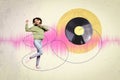 Creative abstract template collage of funny young female dancing listening music headphones vinyl record retro vintage