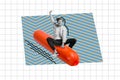 Creative abstract template collage of funny young man riding sausage have fun restaurant hot dog advert unusual fantasy Royalty Free Stock Photo