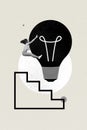 Creative abstract template collage of stairs up career young female catch big electric bulb light smart idea have fun Royalty Free Stock Photo