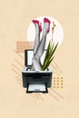 Creative abstract template collage of young female legs stuck copier machine office working bizarre unusual fantasy