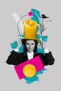 Creative abstract template collage of young female magician hat candle fire focus performing freak bizarre unusual Royalty Free Stock Photo