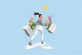 Creative abstract template graphics collage image of charming smiling lady walking buying flowers isolated drawing Royalty Free Stock Photo