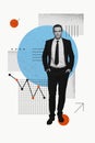 Creative abstract template graphics collage image of cool confident boss showing presentation isolated white color