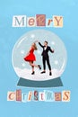 Creative abstract template graphics collage image of dreamy charming lady guy dancing inside x-mas snow globe isolated Royalty Free Stock Photo