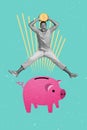 Creative abstract template graphics collage image of funny excited guy collecting money piggy box isolated drawing