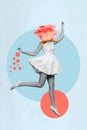 Creative abstract template graphics image of funny funky lady rose instead of head jumping high isolated drawing