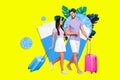 Creative advert promo collage of young couple wife husband carry luggage with tickets visa check in airport isolated on