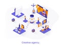 Creative agency isometric web banner. Creative design workshop isometry concept. Product branding 3d scene, creativity and ideas