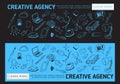 Creative Agency Office Web Banner Design With Artistic Cartoon Hand Drawn Sketchy Line Art Drawings Illustrations Of