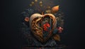 Creative AI generative heart made of wood, thorns and roses on black dramatic background. non-existent patterns of tree branches,