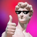 Creative AI illustration of David of Michelangelo's sculpture showing thumbs up and wearing glasses