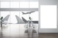 Creative airport waiting area interior with empty mock up poster on wall, reflections on floor, wooden flooring, decorative plants