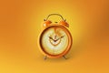 Creative alarm clock with coffee on a yellow background. Concept of the beginning of a new day. Happy Good Morning.