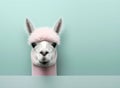 Creative animal concept. Alpaca peeking over pastel bright background. Generative AI Royalty Free Stock Photo