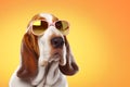 Basset Hound dog puppy in sunglass shade glasses isolated on solid pastel background