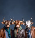 Bull in a group, vibrant bright fashionable outfits isolated on solid background advertisement