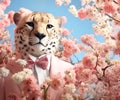 Cheetah in smart suit, surrounded in a surreal garden full of blossom flowers floral landscape